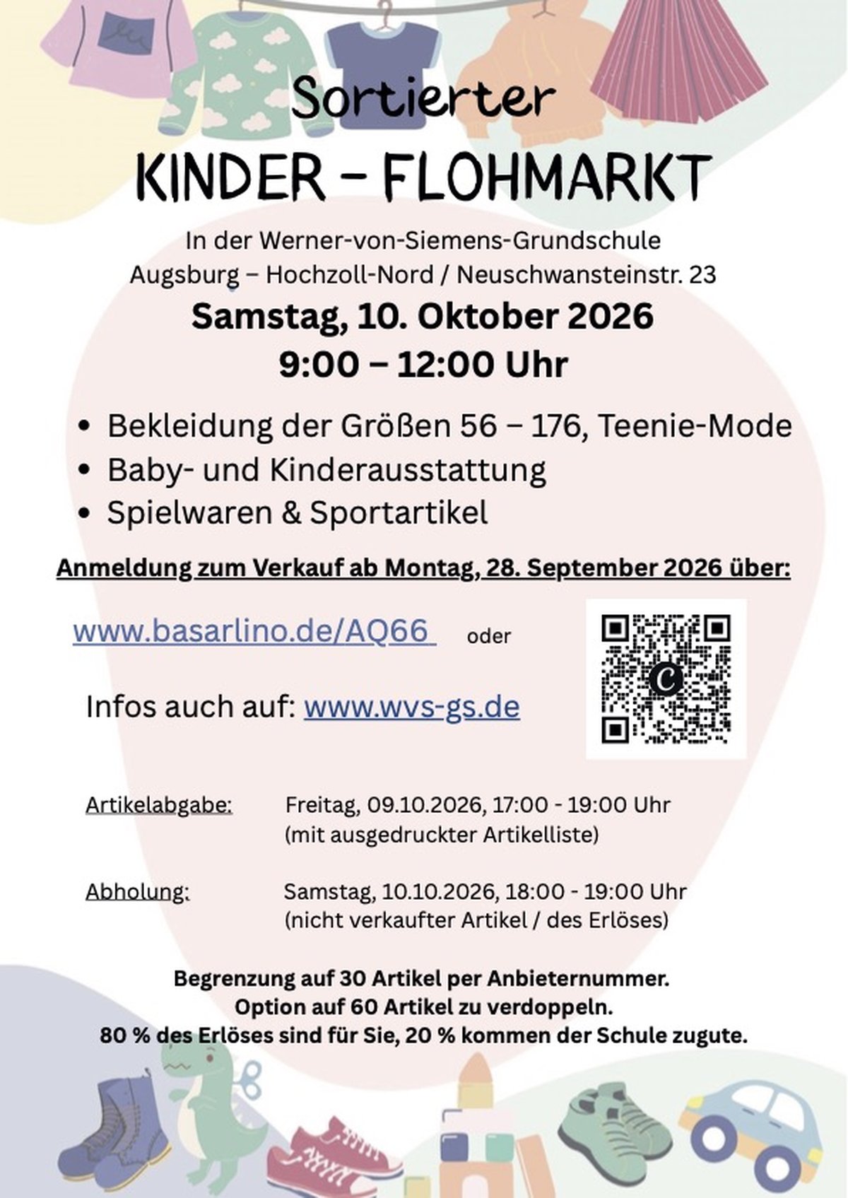 Plakat zum sortierten Kinderflohmarkt am 10. Oktober 2026 in der Werner-von-Siemens-Grundschule