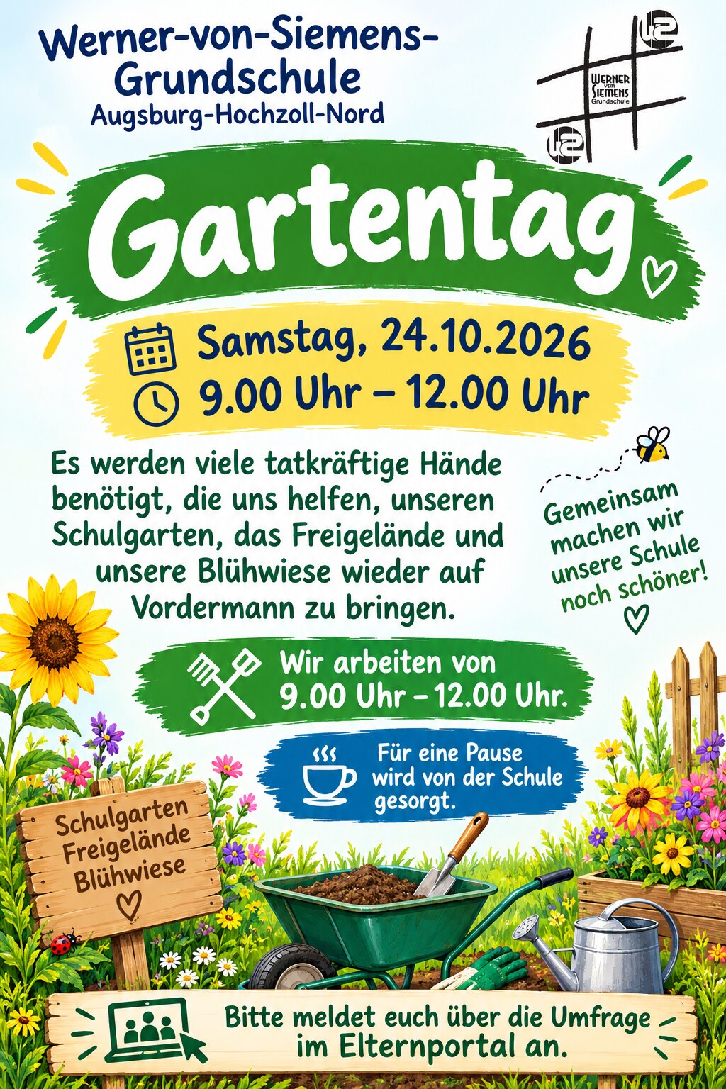 Plakat zum Gartentag am Samstag, 24. Oktober 2026, von 9 bis 12 Uhr an der Werner-von-Siemens-Grundschule